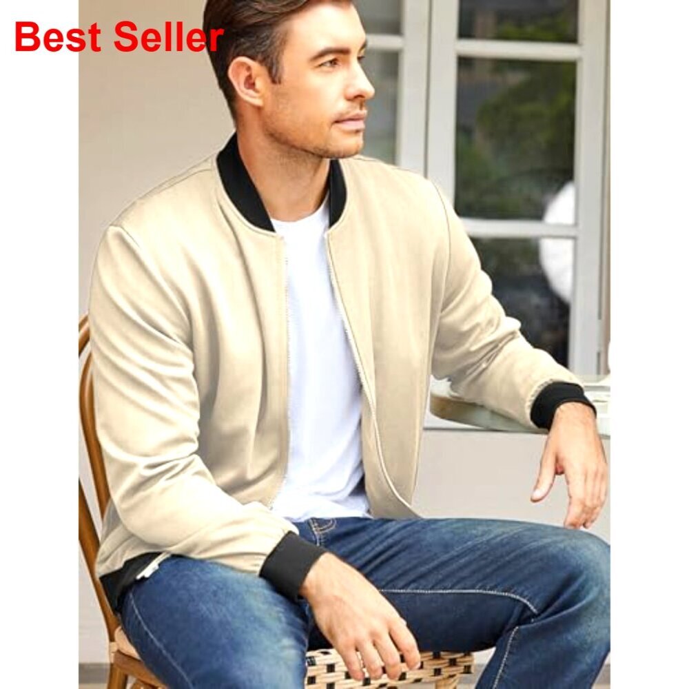 Lightweight Bomber Jacket Full Zip Knit Varsity Textured Coat - Picture 2 of 7